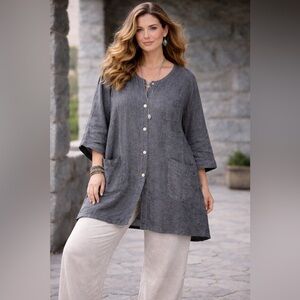 Becassa Woman Linen Button Down Tunic Top Gray One Size Pearl Buttons Lagenlook